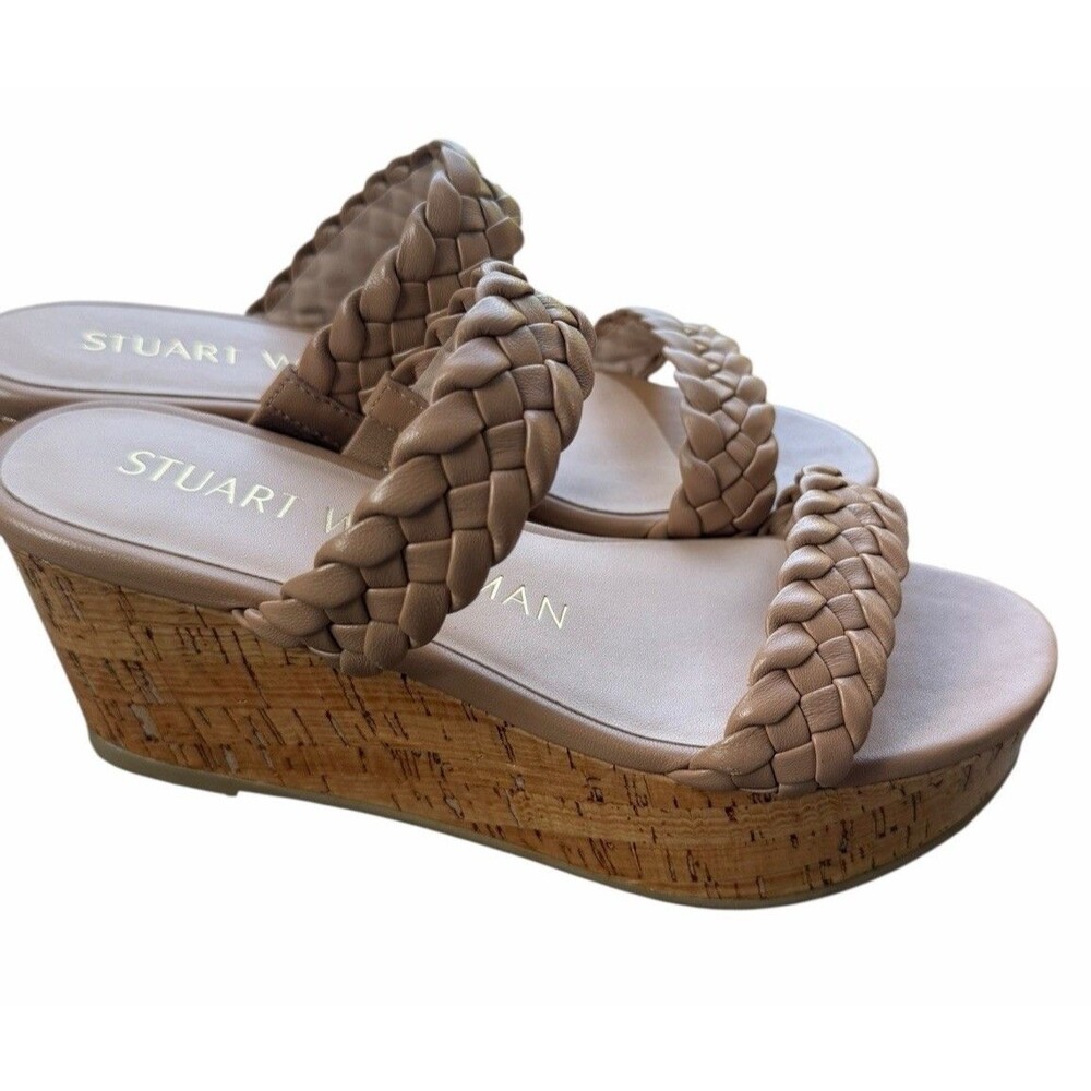Stuart Weitzman Braided Leather Cork Wedge Sandals Nude Tan Platform W 5 Heel